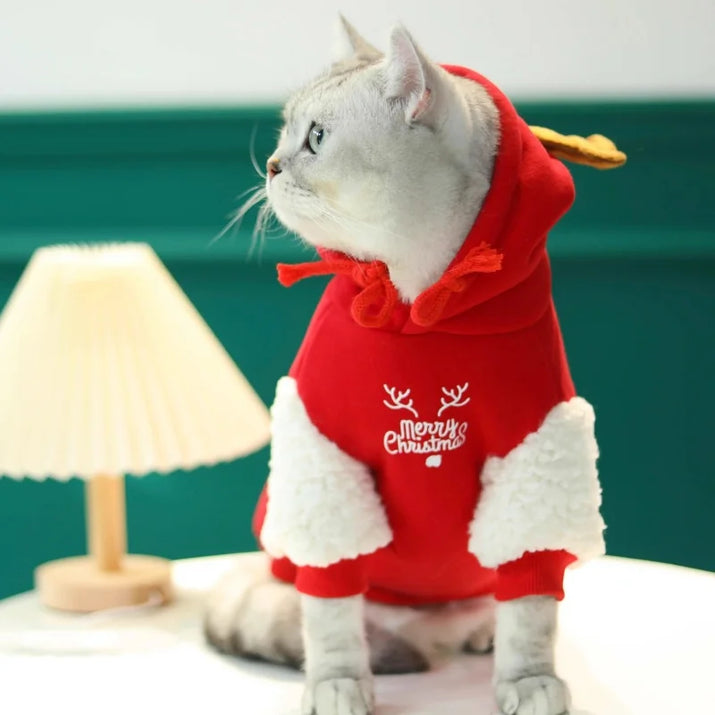 Pet Clothes for Small to Medium-Sized Dogs Casual and Warm Fleece-Lined Christmas Reindeer Cat Hoodie Teddy Dog Hoodie